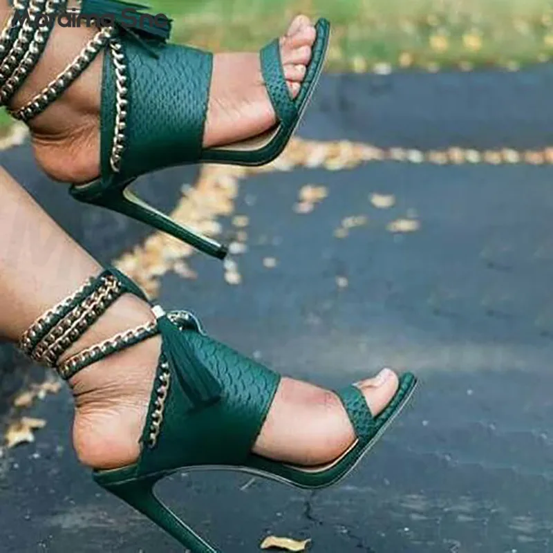 

Green Serpentine Tassel Sandals One Line with Chain Ankle Strap Stiletto Women's Shoes Sexy Fashion Banquet Large Size Sandals