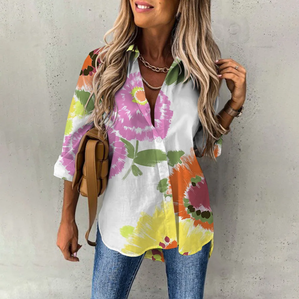 Sf3dffd973a9f403dad243aac3badd359f Summer Women's Hawaiian Shirts Hawaii Beach Print Fashion Resort Clothes Polo Collar Long Sleeve Blouse Tops Spring Plus Sizes