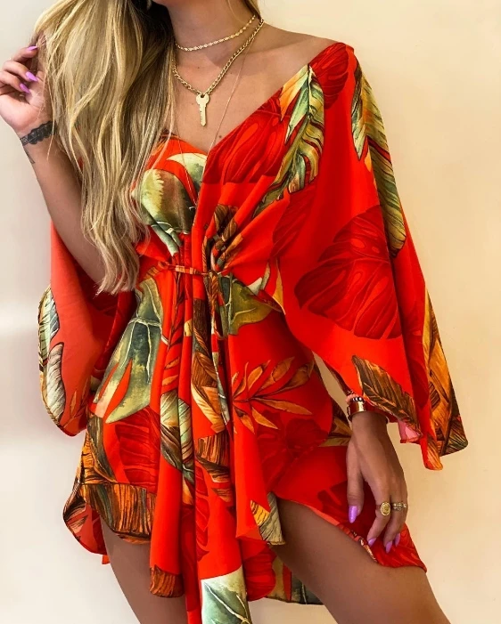 

New Fashion 2024 Summer Casual Sexy V-Neck Printed Bat Sleeve Dresssexy Elegant Dresses for Women Female Clothing Outfits