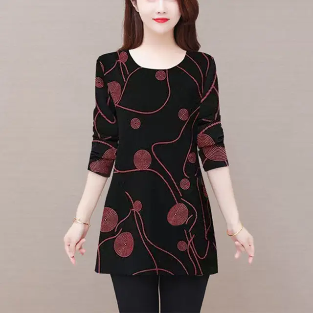 Spring and Summer New Middle-aged Women's Round Neck 2024 Thin Long Sleeved Geometric Printed Pocket Fashion Casual Bottom Tops 2