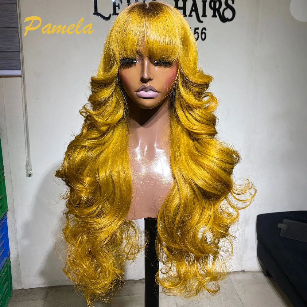 Honey Blonde Body Wave 250% Density HD Lace Front Wigs Highlight Yellow Blonde Colored Human Hair Wigs Ready To Wear With Bangs