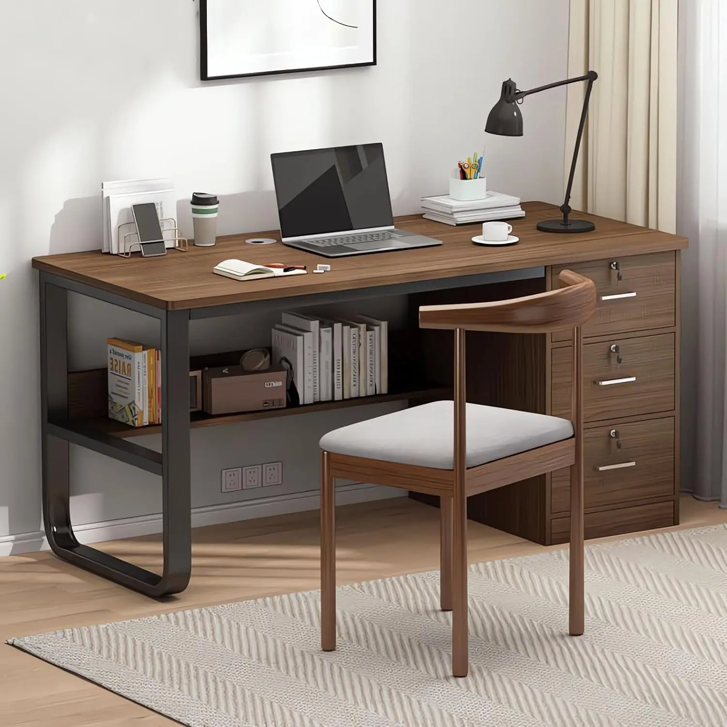 مكتب ter مع 3 أدراج، ومكاتب مكتب منزلية مقاس 140 × 50 سم ومكتب كمبيوتر صناعي مع مساحة تخزين، ومحطة عمل طاولة كتابة للدراسة الريفية