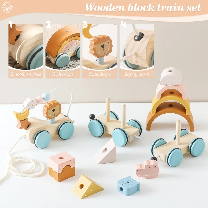 Wooden Montessori Toys Animal Block Dragging Stars Moon Surround Train Hand Coordination Stacking Toy Handmade Decoration Gifts