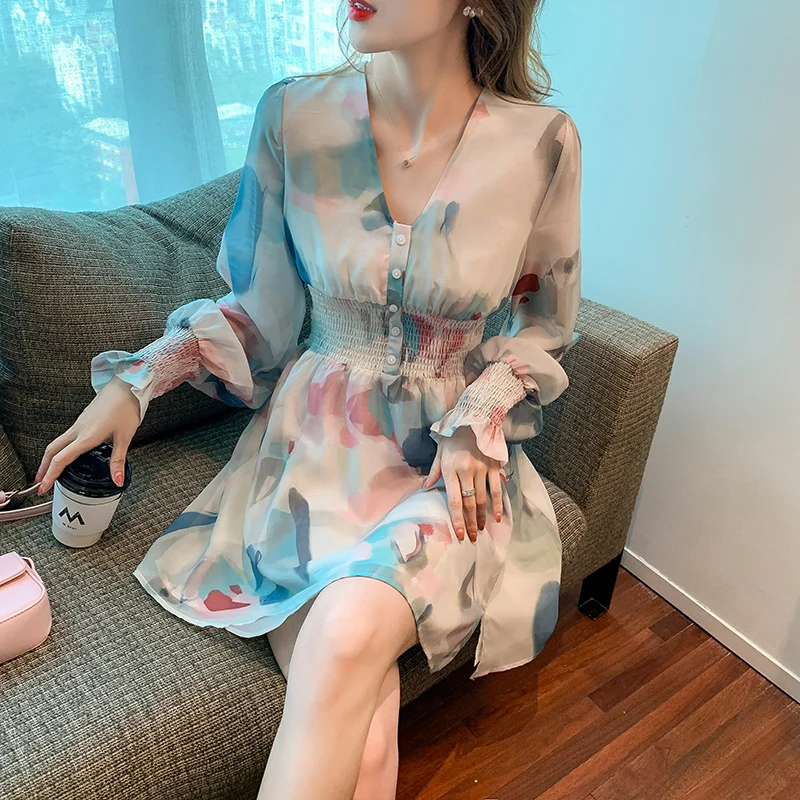 

Soft Chiffon Printing Dress Women Long Sleeves Deep V-neck High Waist Mini Length Lady Fashion Printed Dresses