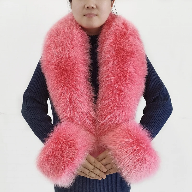 Winter Genuine Fox Fur Scarf Cuff Set Women Wraps Neck Warmer Luxury Furry Shawl Female Coat Fur Collar Arm Cover