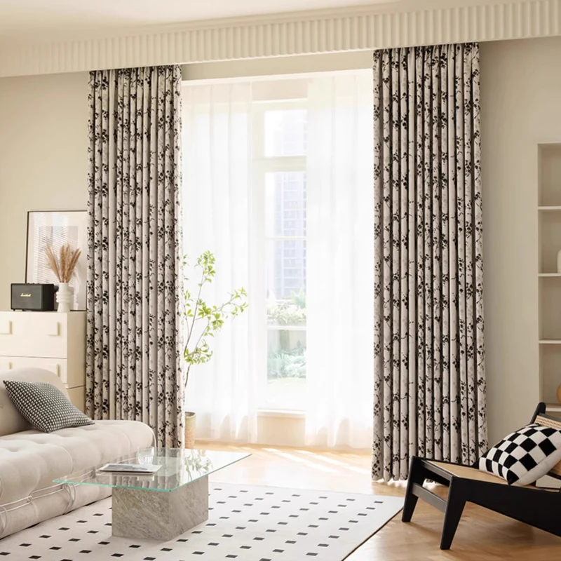 French Retro High-end Luxury Crabapple Jacquard Curtains Antique Style Black and White Antique Curtains for Bedroom Living Room 5