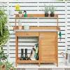 Outdoor potting bench table work station for gardening: natural wood brown weather-resistant with cabinet drawer top shelf and