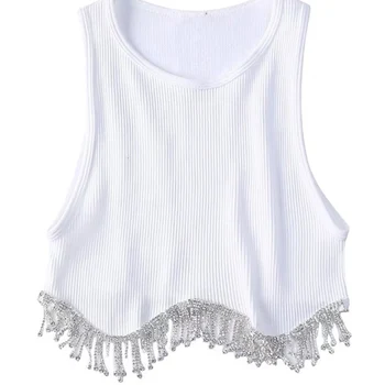 High Street Sexy Hem Tassel Diamond Beading Knitting T Shirt Chic Short Camis Tank Lady Slim Crop Vest Tops