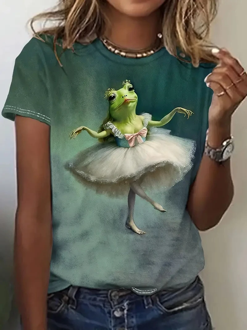 

Elegant Cute Frog Dance Pattern Women T shirts 2024 New Summer Girls Tops Cartoon Tee shirts Large Size Streetwear Casual Tshirt