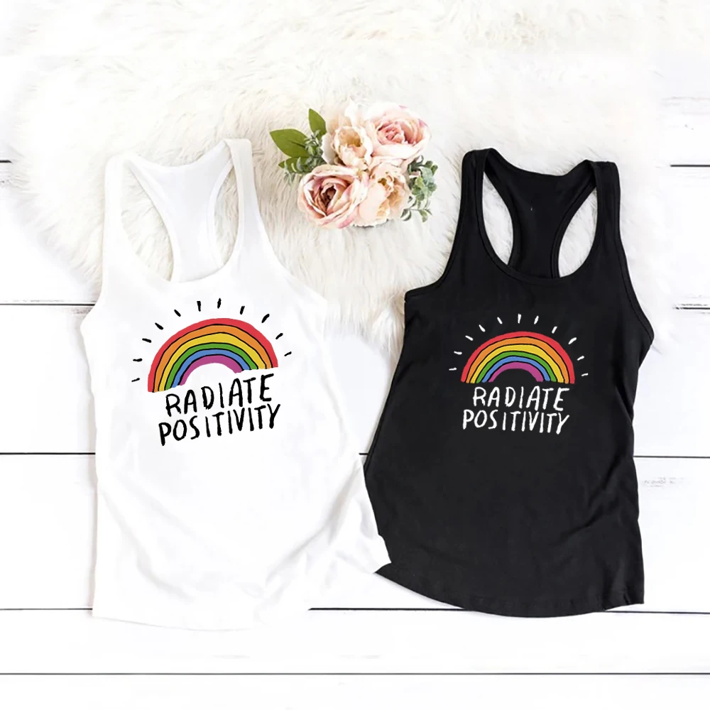 

RADIATE POSITIVITY Print Tank Top Sleeveless Rainbow Print Girl T Shirts LGBT Pride Month Girls Tank Tops Love Wins Graphic Tee