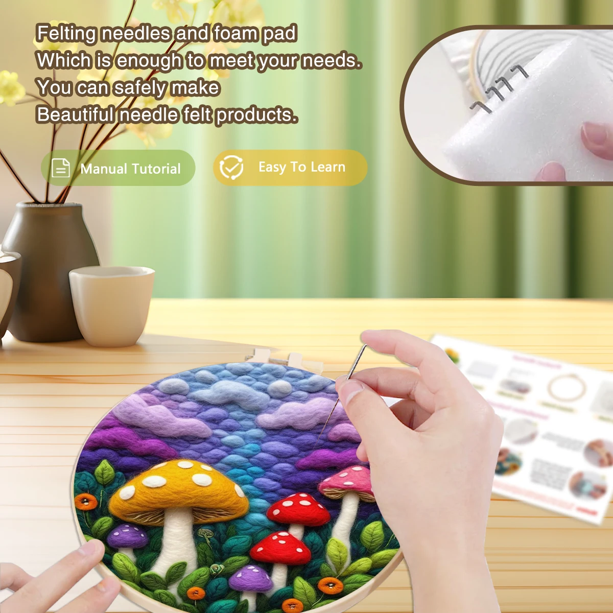 Mushroom Wool Felting Painting Kit Needles Tool Felting Needles Tool Foam Felt Cloth Embroidery Frame Diy Gift