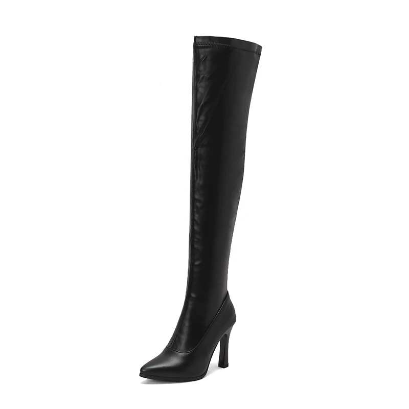 

HCHAO Women's Over Knee Boots Black Thin Heels Pointed Toe Pu Leather Sexy Ladies Boots Female Party Daily Shoes Small Size 32