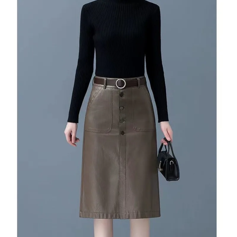 Leather Skirt Women's Half Length Skirt 2024new Patchwork Button Zipper High Waist Wrap Buttocks Slimming Mid Length Short Skirt