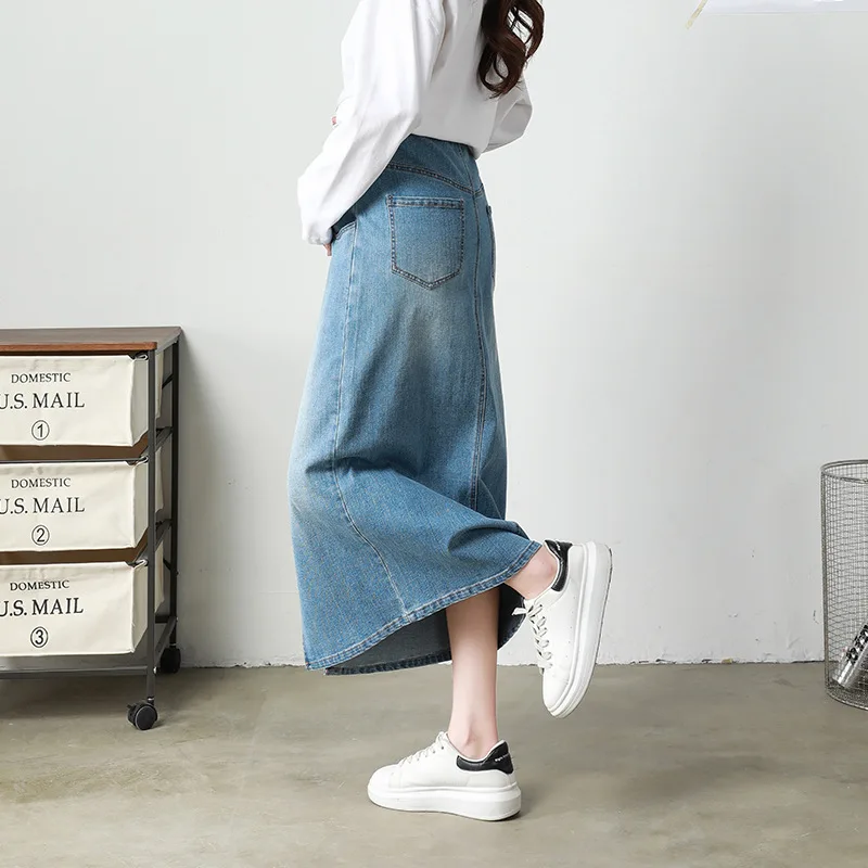 New Maternity Women's Denim Midi Skirts Premama Korean Style High Waist Front Slit Long Skirts Pregnant Women Casual Loose Skirt