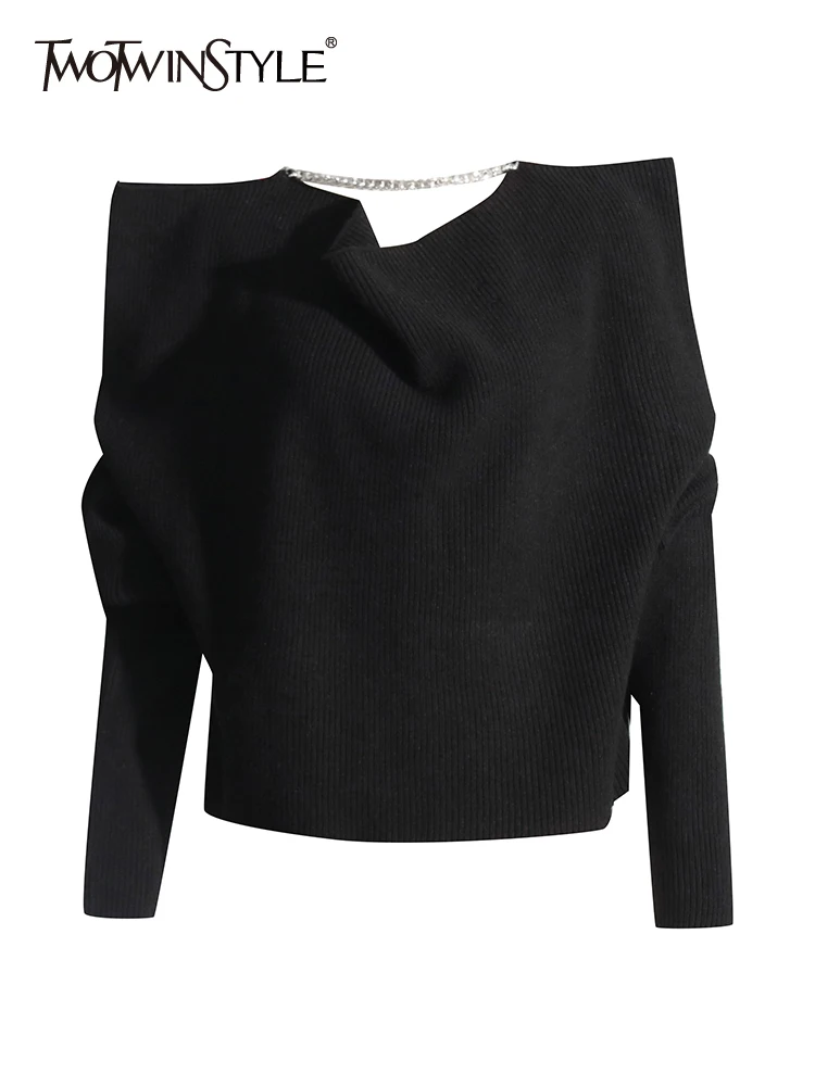

TWOTWINSTYLE Minimalist Knitting Sweater For Women Irregular Collar Long Sleeve Casual Loose Autumn Sweater Female Fashion New