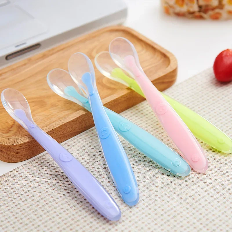 Baby Feeding Spoons Dishes Tableware Children Flatware Cutlery Spoon Silicone Temperature Sensing Patchwork Soup Ladle Tools