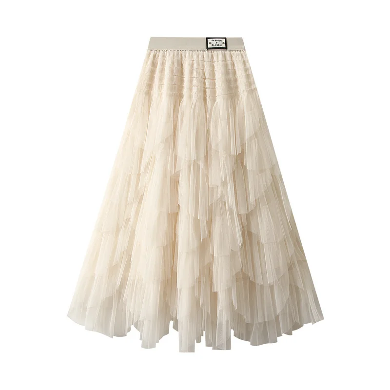 

2023 Women Tulle Cake Mesh Skirt Elegant Elastic Waist Gauze Spring Summer Puffy Fairy Irregular Easy Matching Mesh Chic Skirts
