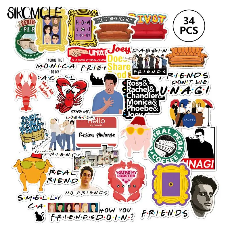 34pcs Friends tv show funny Creative badges DIY decorative stickers Cartoon  PC wall notebook phone Waterproof sunfast sticker