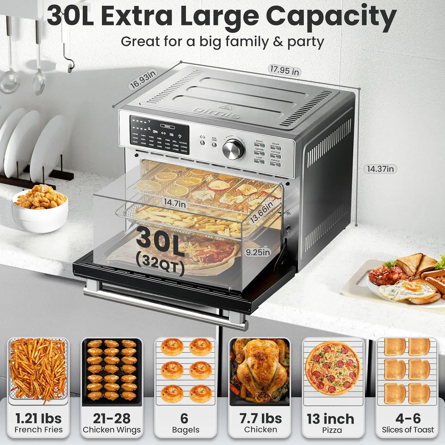 21-in-1 XL Air Fryer Stainless Steel, 32QT Convection Oven Countertop with Dehydrate and Grill. 6 Accessories, Recipes,1800W 3