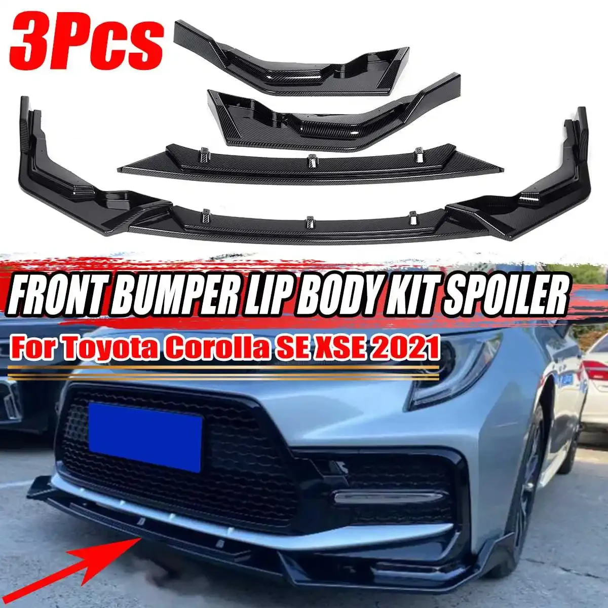 

High Quality 3pcs Car Front Bumper Splitter Lip Diffuser Spoiler Cover Trim Fins Body Kit Guard For Toyota Corolla SE XSE 2021