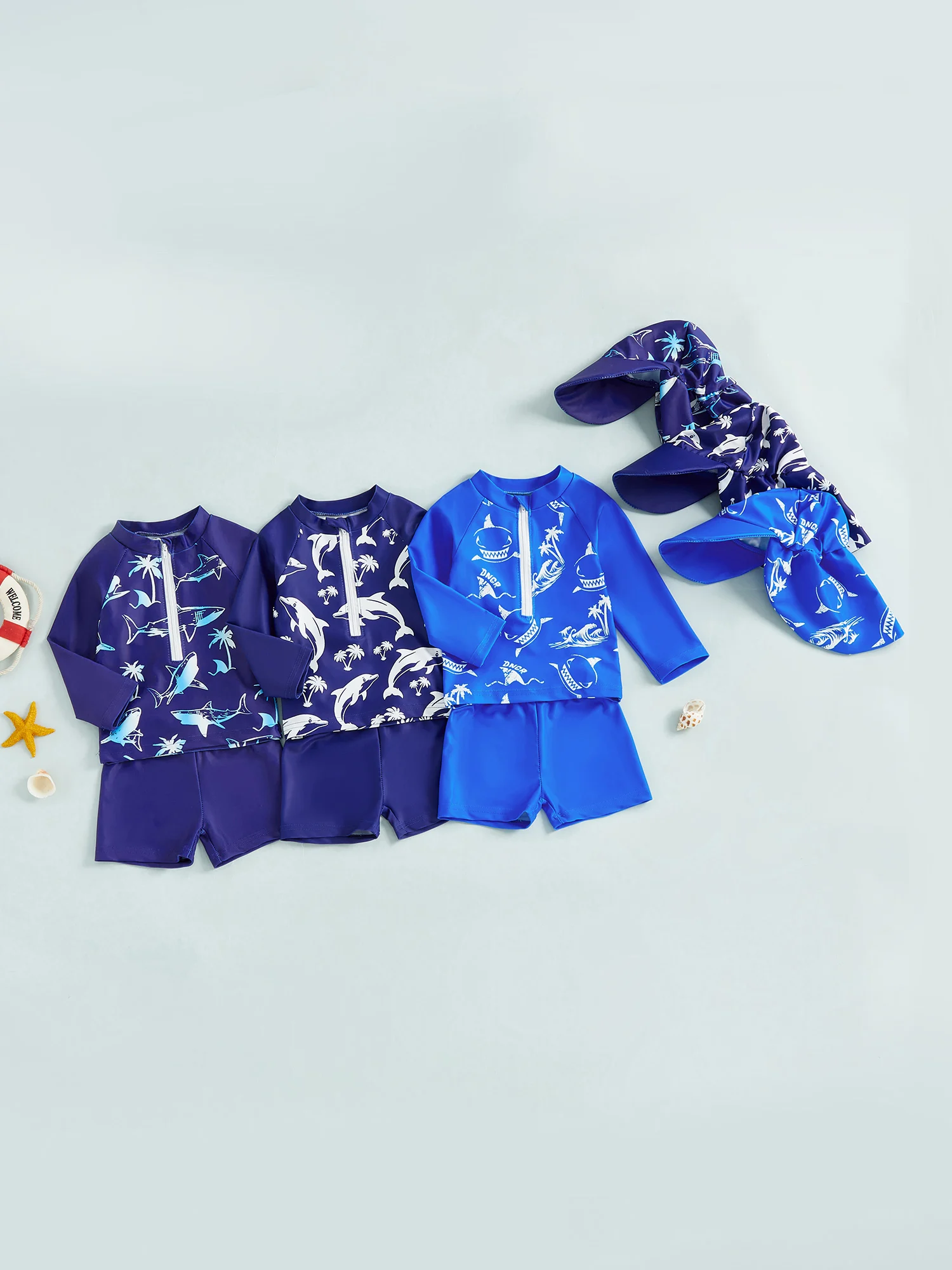 3Pcs Baby Boys Girls Swimsuit Set Shark Print Stand Collar Long Sleeve Tops Shorts and Hat Rash Guard Swimwear Beachwear