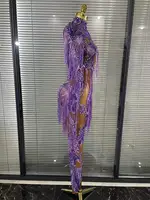 Shining Rhinestones Purple Sexy Tassels Mesh See Through Bodycon Jumpsuit Celebrate Nightclub Party Birthday Photoshoot Wear - Image 4