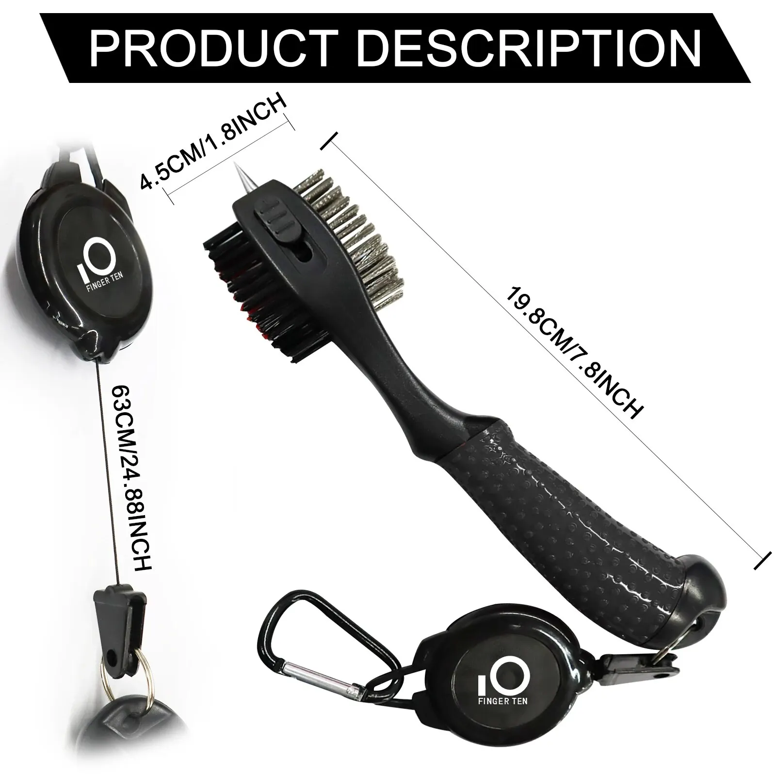 Golf Club Cleaner Kit Oversized Head with Retractable Zip-Line Clip Double Sided with Spike for Cleaning Groove Shoes