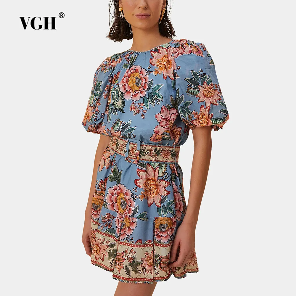 

VGH Colorblock Floral Printing Short Dress For Women Round Neck Puff Sleeve High Waist Spliced Belt A Line Dresses Female New