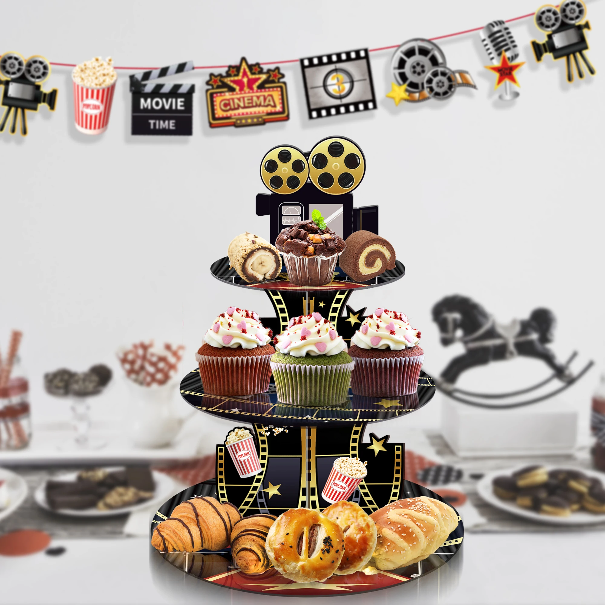 Hollywood Cinema Festival Party Cake Stand Display 3 Layer Movie Time  Showing Cupcake Rack Holder Birthday Party Cake Tray Decor