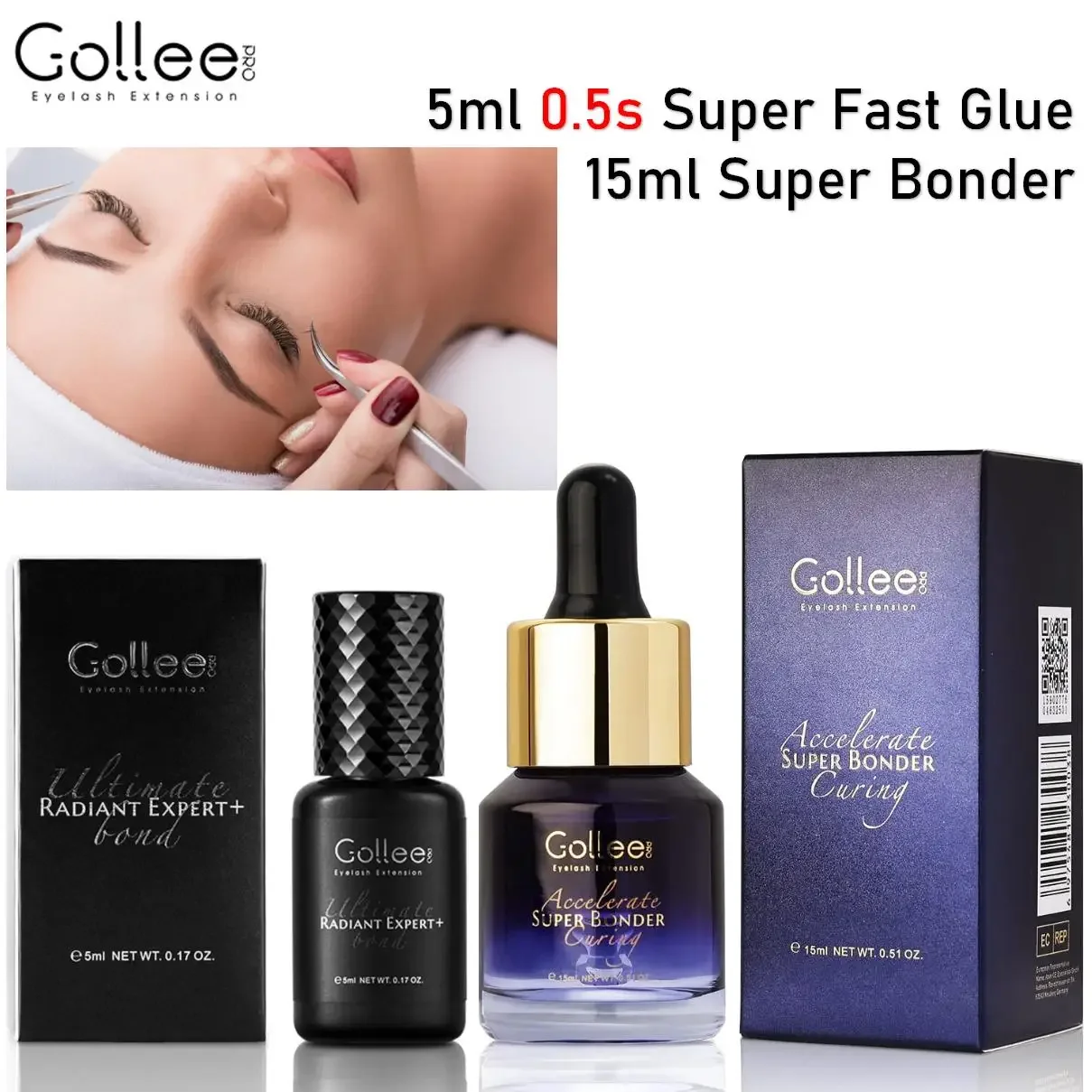 

GOLLEE Eyelash Extension Glue 0.5 Sec Fast Drying Retention 8 Week Black Adhesive and Super Bonder Lash Extensions Lash Sealant