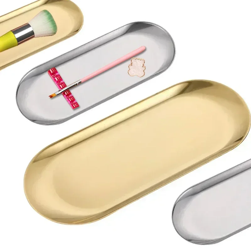 Description Picture 2 of itemStainless Steel Cosmetic Storage Tray Nail Art Manicure Plate Eyelashes Tweezers Clippers Pens Container False Nails Dish Tools