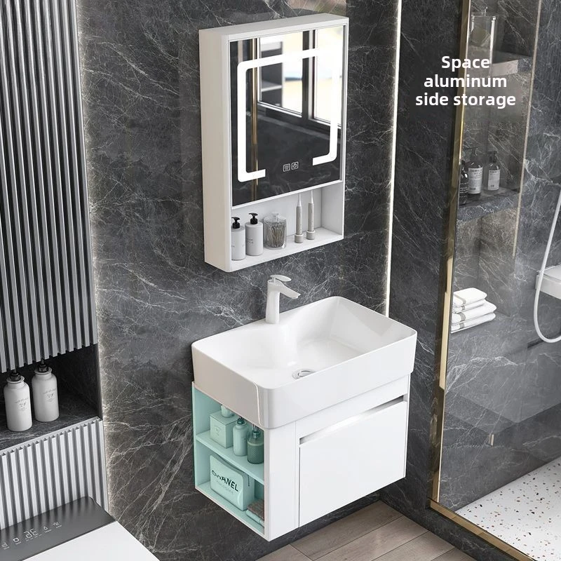 Space aluminum side storage bathroom cabinet ceramic washstand small apartment arc face wash basin cabinet combination