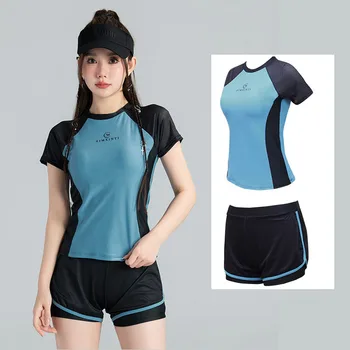 Women's Two Piece Rash Guard Short Sleeve Swim Shirt Built in Bra Outdoor Swim Tee with Boyshorts Bottoms Tracksuit Sportwear 1