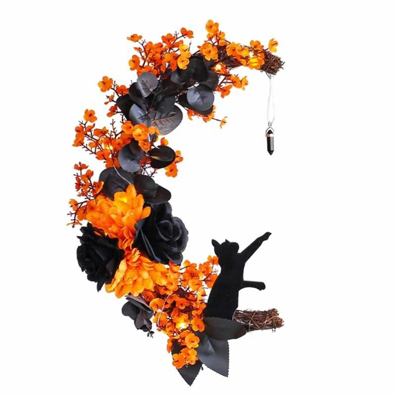 

Halloween Moon Wreath with Black Cat Wood Wreath Halloween Wreath Horror Decorations for Home Party Window Wall Indoor