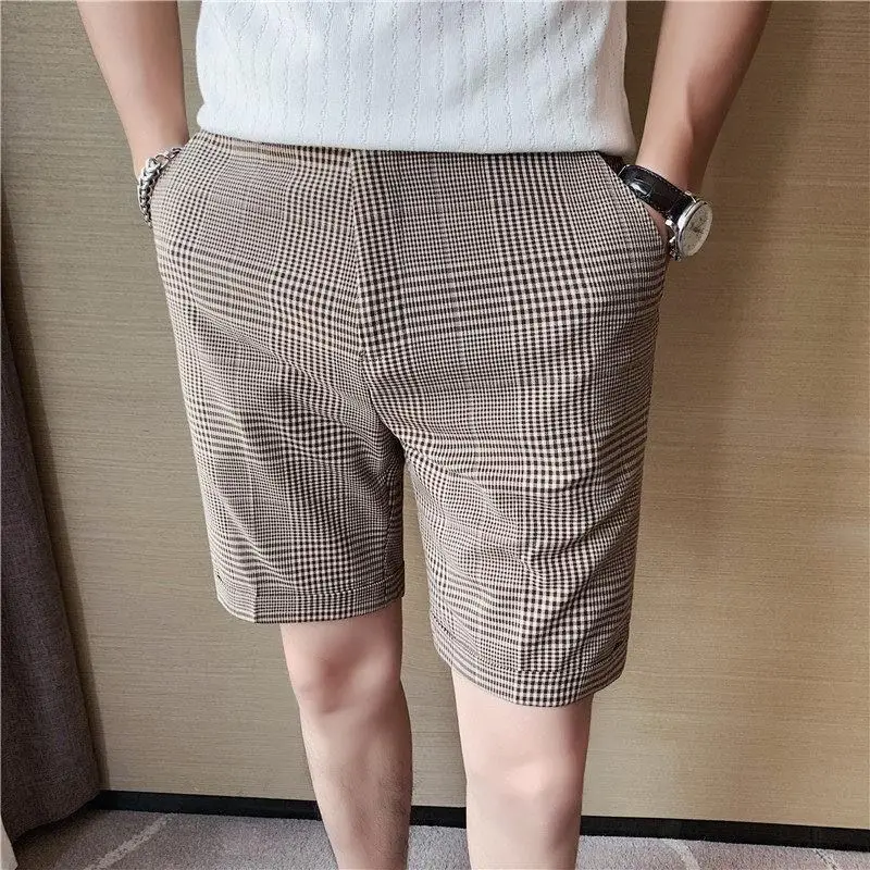 남성용 얇은 반바지, 한국 패션, 트렌디 격자 무늬 세트 바지, 비즈니스 슬림, 캐주얼 하프 팬츠, 상쾌하고 시크한 착용, 2024 여름