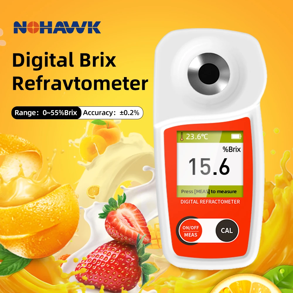 NOHAWK 디지털 설탕 브릭스 굴절계, 과일 음료 브릭스 측정용 온도 보정 기능, ± 0.2% 정밀도, 0-55%