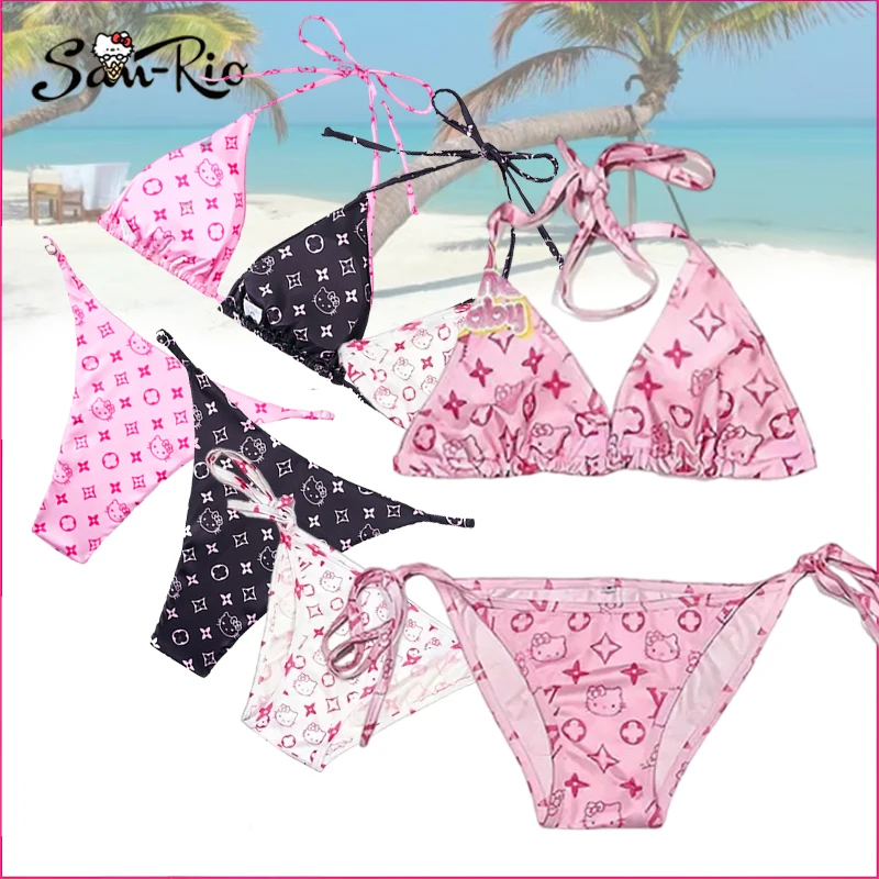 

2024 New Hello Kitty Bandage Bikini Sanrio Sexy Women Bikinis Set Pink Bra Brief Sets Beach Swimwear Summer Female Biquinis