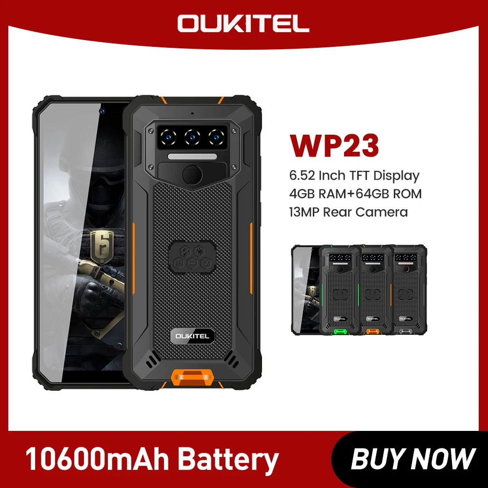 Rugged Smartphone OUKITE WP23 6.52 HD+ 10600 mAh 4GB+64GB Android 13 Mobile Phones MT6765 13MP NFC Cell Phone