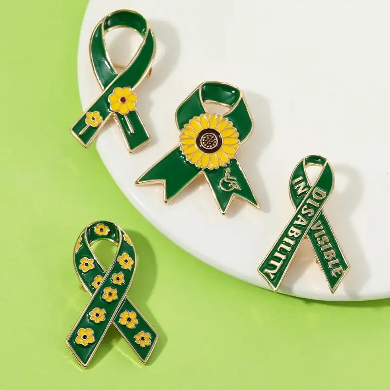1pc Creative Sunflower Pattern Red Ribbon Theme Lapel Pins Green Disability In Visible Enamel Brooches For Disabled Person