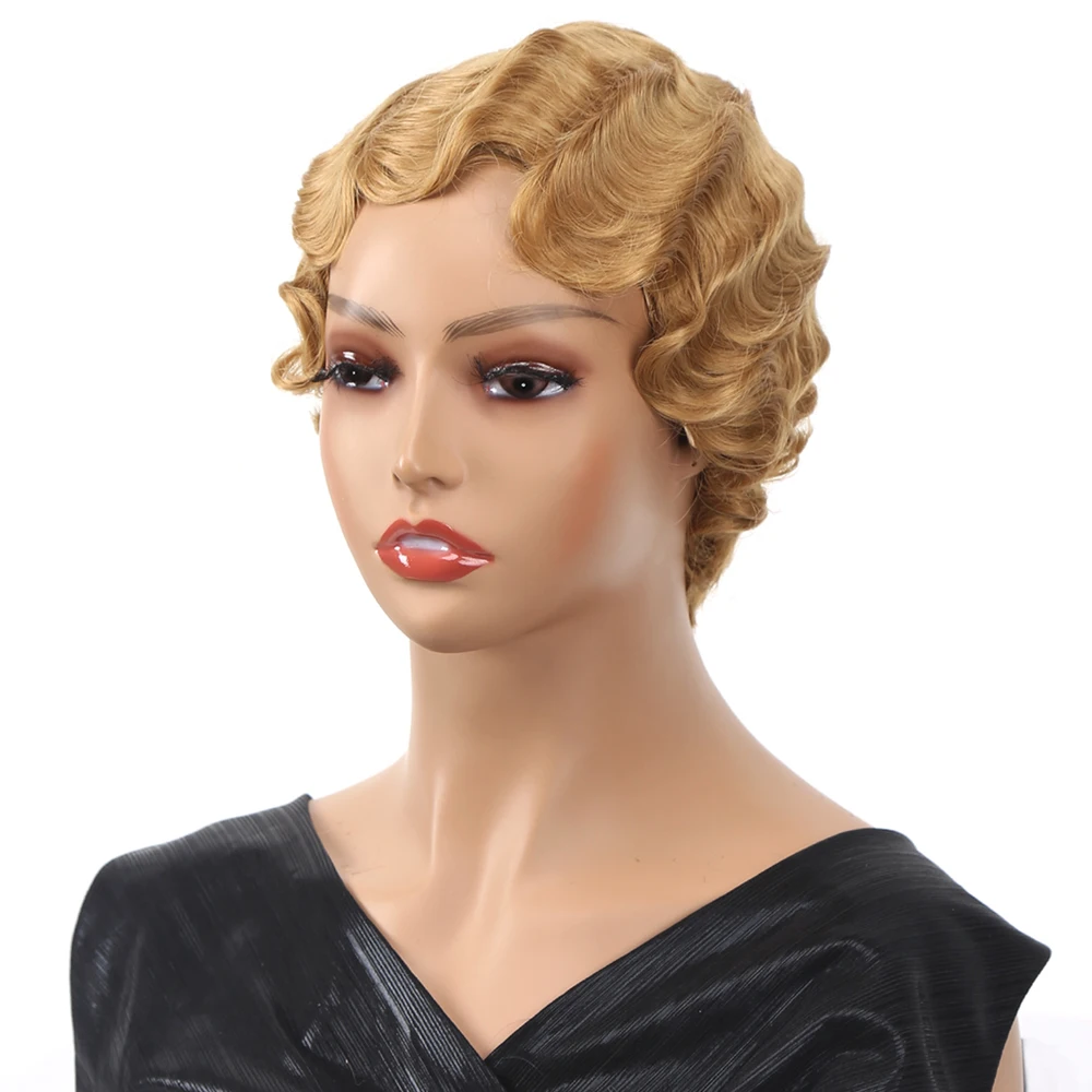 Finger Wave Wigs Synthetic Hair Wig for Woman Short Balck Wigs Blonde Mommy Wig 1920s Cosplay Halloween Party Daily Use
