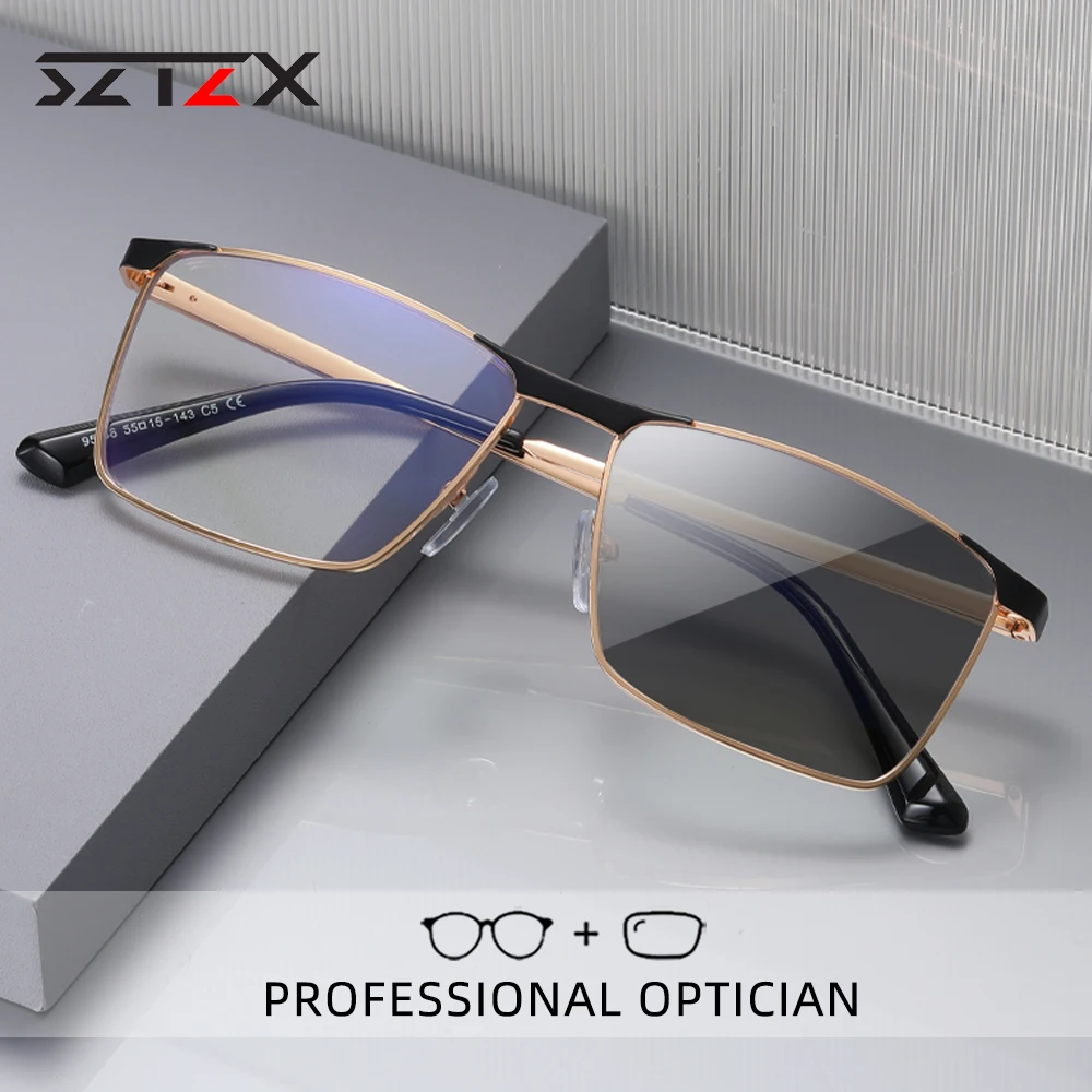 

SZTZX Men's Business Photochromic Reading Glasses Anti Blue Light Ultra-Light Square Myopia Prescription Optical Eyeglass Frame