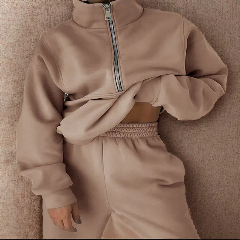 Autumn New Solid Color Loose Casual Sweatshirt Elastic Waist Sweatpants Set Women Fashion Zipper Pullover Top Korean Pants Suit