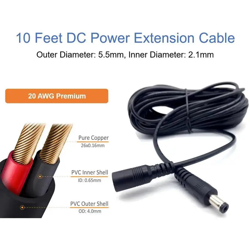 Security Camera Extension Cable Male To Female 2.1mm X 5.5mm DC 12V Camera Extension Cable Home And Business Security Camera