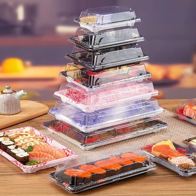 Disposable Sushi Plastic Box With Transparent Lid Takeout Packing Box  Sashimi Box Printed Bento Packing Food 50pcs