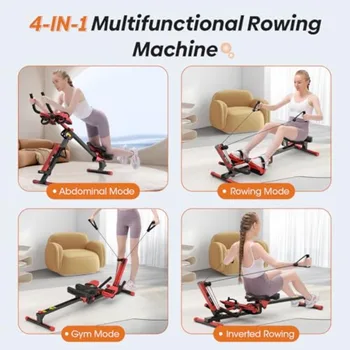Rowing Machine, 4 in 1 Rowing and Ab Machine with 2 Levels of Workout Resistance, Quiet & Foldable Rower Machine with 3 Adjusta 2