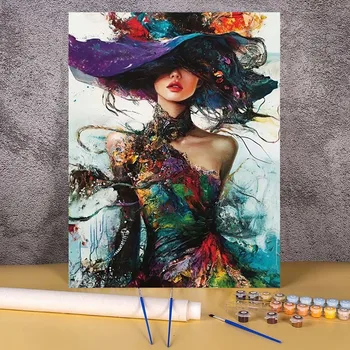 Adulti Dipingi con i numeri Disegno su tela Dipinto a mano Arte Immagini fai da te con i numeri Kit Decorazioni per la casa Cappello misterioso Pittura da donna