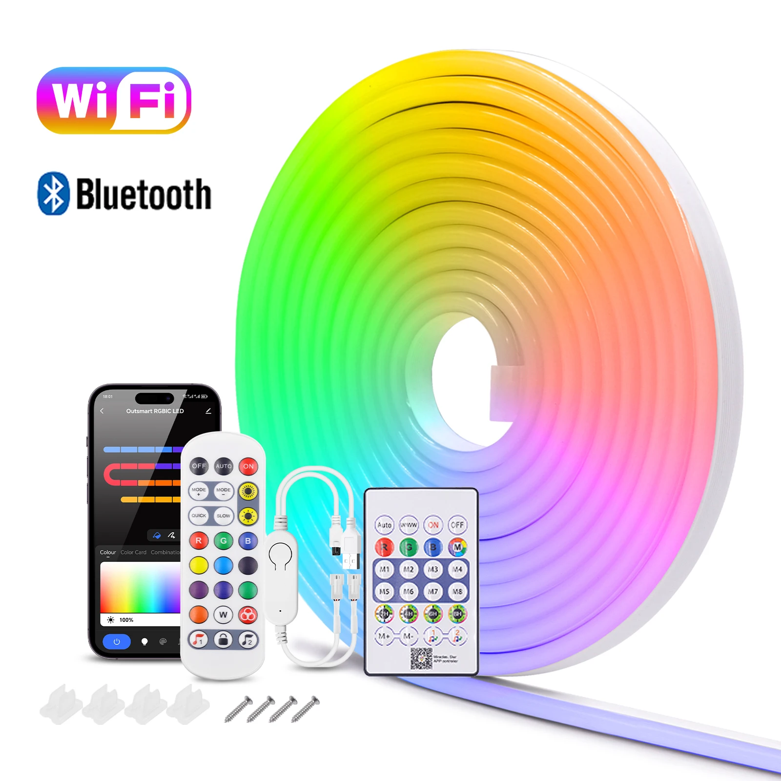 USB Neon LED Strip Waterproof 5V WS2812B LED Ribbon Wifi Bluetooth APP 24Keys 28Keys Remote Control RGBIC Neon Strip Rope Light