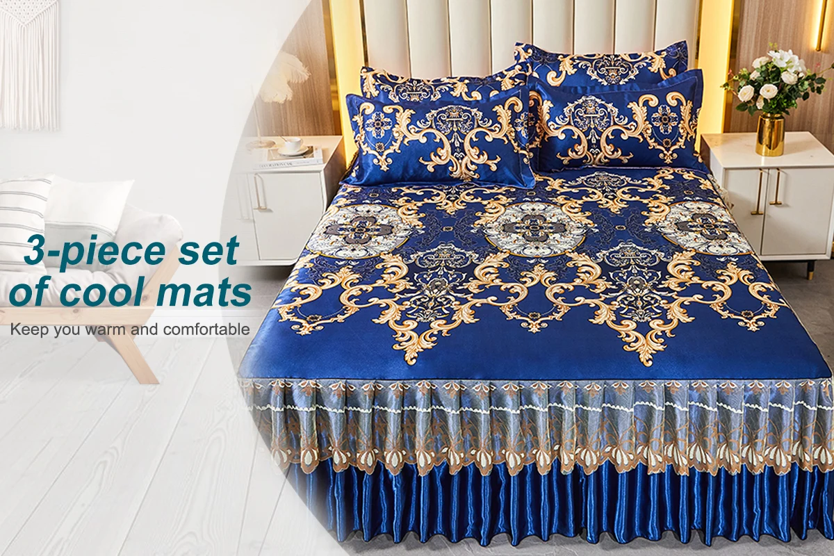 Description Picture 2 of item3 Pieces Blue Mattress Pad Sheet Set Paisley Blue Rufled Quilted FittedMattress Protector Include Bed Skirt with 2 Pillowcases