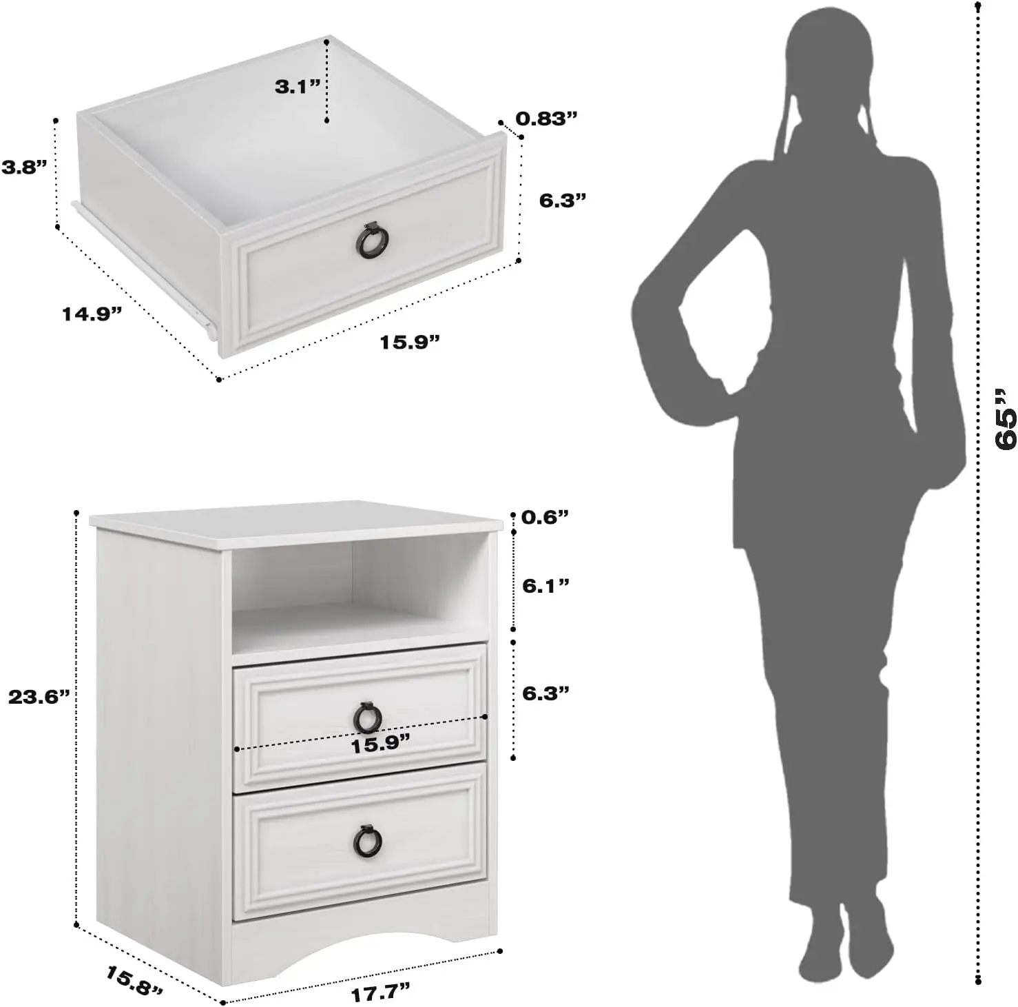 Nightstand Set of 2, Night Stand with Drawers, Accent Bed Side Table and End Table with Open Storage for Bedroom, Living Room, W