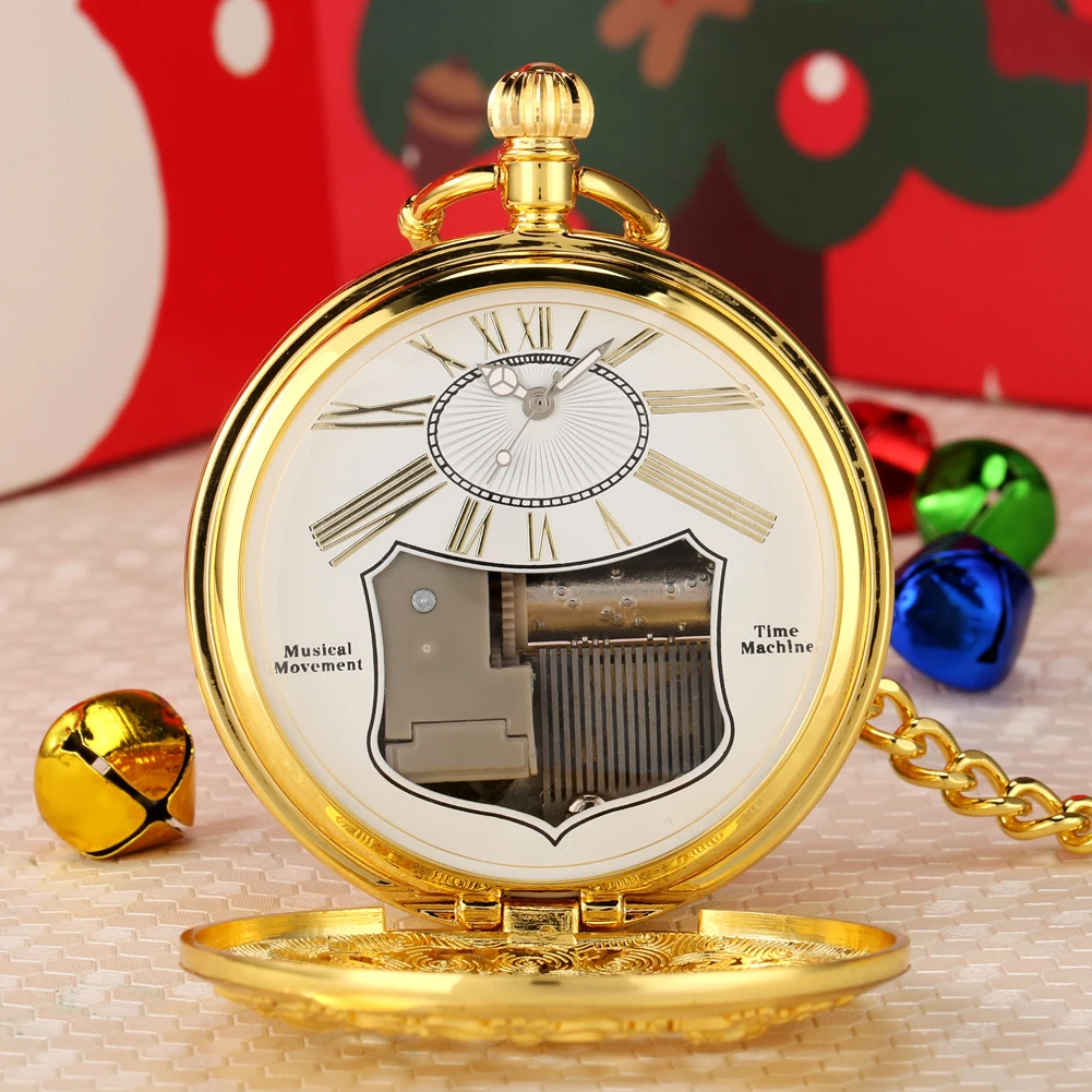 Merry Christmas Musical Quartz Pocket Watch Luxury Gold Hollow Steampunk Retro Roman Numerals Pendant Clock Fob Chain New 2023